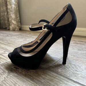 Nine West Platform Heels Women 6M Black Suede Mesh Mary Jane Y2K Fairy Sheer Toe